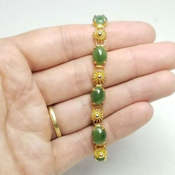 Vintage Gold Tone and Green Cabochon Panel Link Bracelet, Unique Design, Estate - Picture 3 of 5